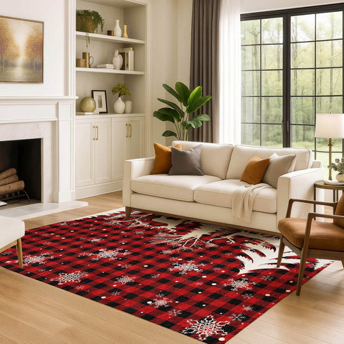 8' X 10' Red Black And Ivory Gingham Washable Area Rug With UV Protection