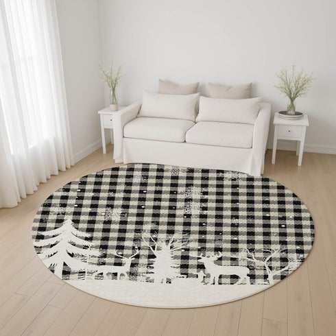 8' Taupe Black And Ivory Gingham Washable Round Rug With UV Protection