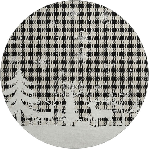 8' Taupe Black And Ivory Gingham Washable Round Rug With UV Protection