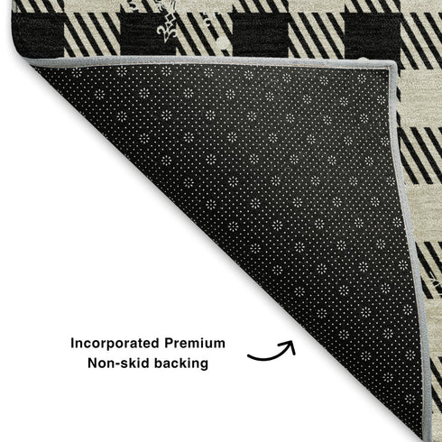 8' Taupe Black And Ivory Gingham Washable Round Rug With UV Protection