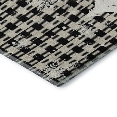 8' Taupe Black And Ivory Gingham Washable Round Rug With UV Protection