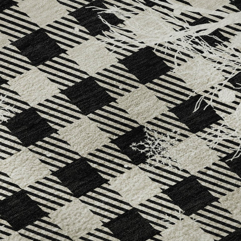 8' Taupe Black And Ivory Gingham Washable Round Rug With UV Protection