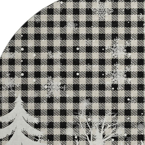 8' Taupe Black And Ivory Gingham Washable Round Rug With UV Protection