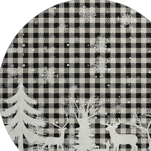 8' Taupe Black And Ivory Gingham Washable Round Rug With UV Protection