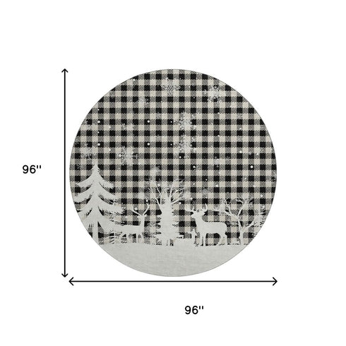8' Taupe Black And Ivory Gingham Washable Round Rug With UV Protection