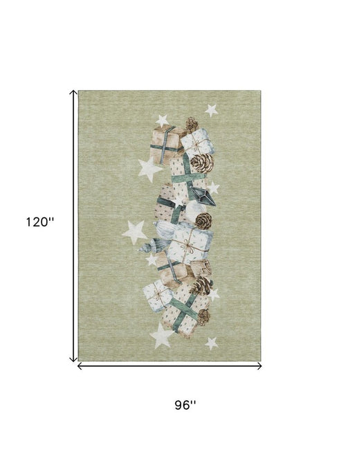 8' X 10' Artichoke Green Beige And Ivory Geometric Washable Area Rug With UV Protection