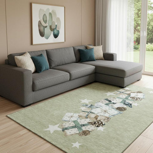 8' X 10' Artichoke Green Beige And Ivory Geometric Washable Area Rug With UV Protection