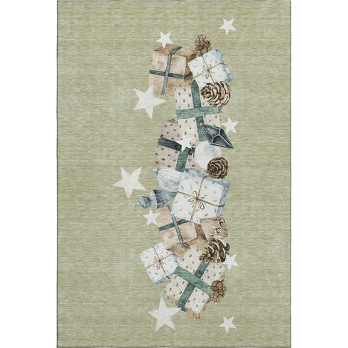 8' X 10' Artichoke Green Beige And Ivory Geometric Washable Area Rug With UV Protection