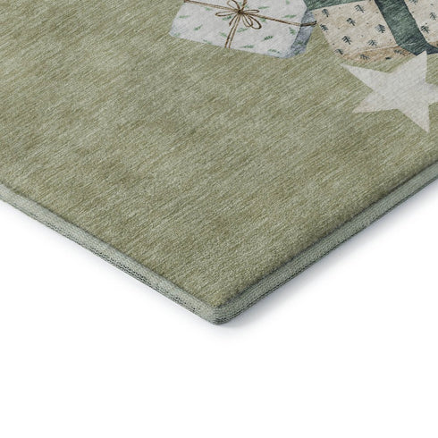 8' X 10' Artichoke Green Beige And Ivory Geometric Washable Area Rug With UV Protection