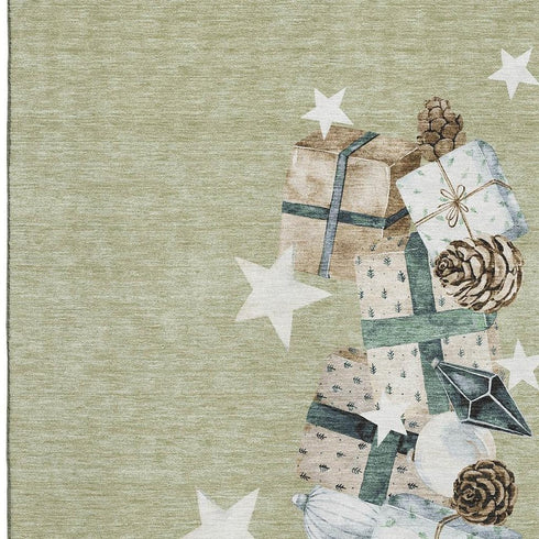 8' X 10' Artichoke Green Beige And Ivory Geometric Washable Area Rug With UV Protection