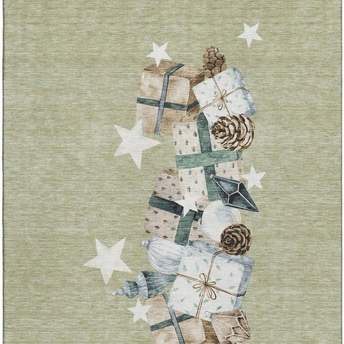 8' X 10' Artichoke Green Beige And Ivory Geometric Washable Area Rug With UV Protection