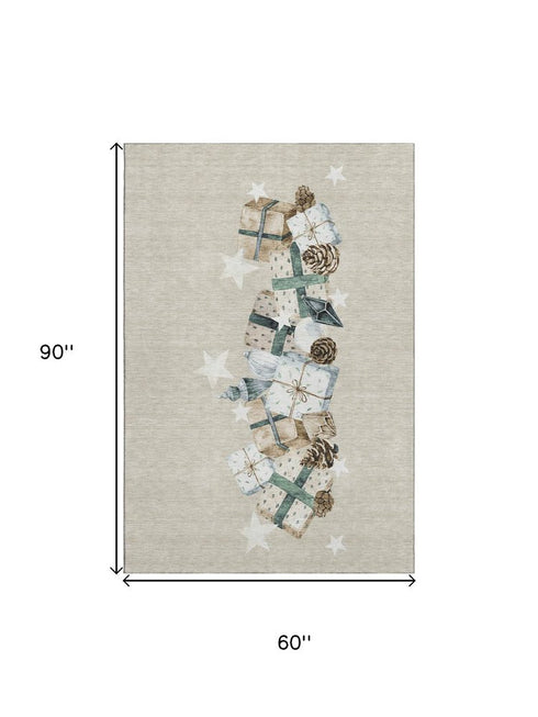 5' X 8' Beige Blue And Ivory Geometric Washable Area Rug With UV Protection
