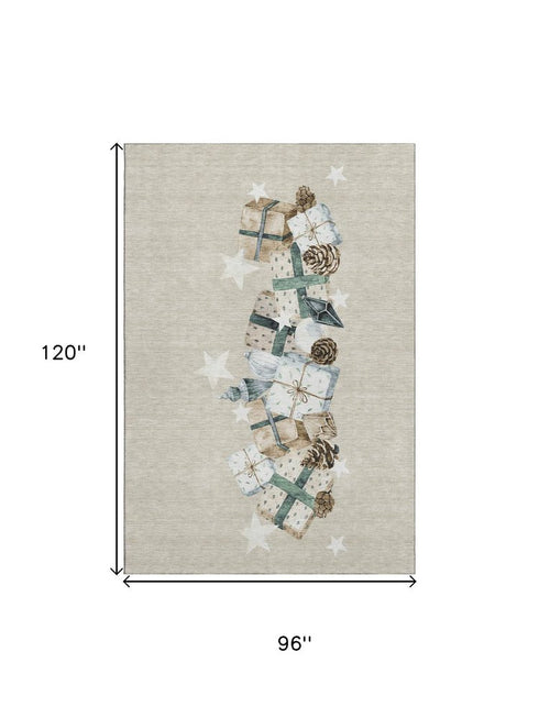 8' X 10' Beige Blue And Ivory Geometric Washable Area Rug With UV Protection
