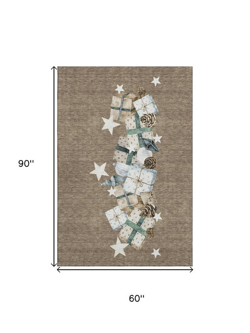 5' X 8' Brown Blue And Ivory Geometric Washable Area Rug With UV Protection