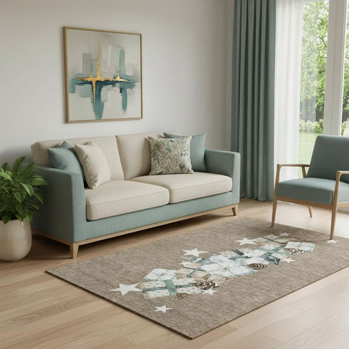 5' X 8' Brown Blue And Ivory Geometric Washable Area Rug With UV Protection