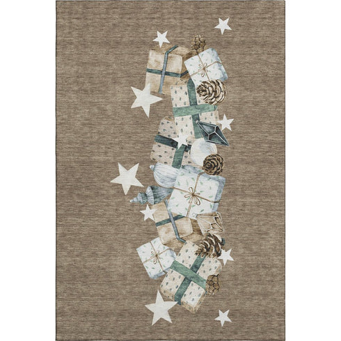 5' X 8' Brown Blue And Ivory Geometric Washable Area Rug With UV Protection