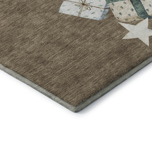 5' X 8' Brown Blue And Ivory Geometric Washable Area Rug With UV Protection