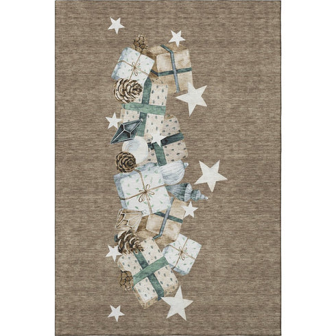 5' X 8' Brown Blue And Ivory Geometric Washable Area Rug With UV Protection