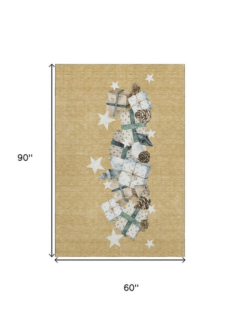 5' X 8' Gold Blue And Ivory Geometric Washable Area Rug With UV Protection