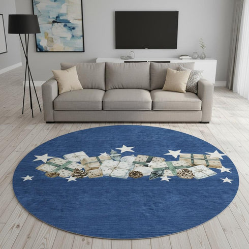 8' Navy Blue Beige And Ivory Geometric Washable Round Rug With UV Protection