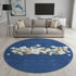 8' Navy Blue Beige And Ivory Geometric Washable Round Rug With UV Protection