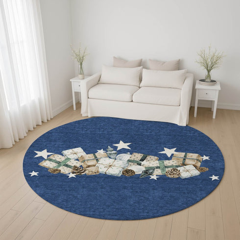 8' Navy Blue Beige And Ivory Geometric Washable Round Rug With UV Protection