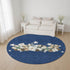 8' Navy Blue Beige And Ivory Geometric Washable Round Rug With UV Protection