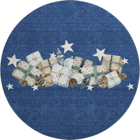 8' Navy Blue Beige And Ivory Geometric Washable Round Rug With UV Protection