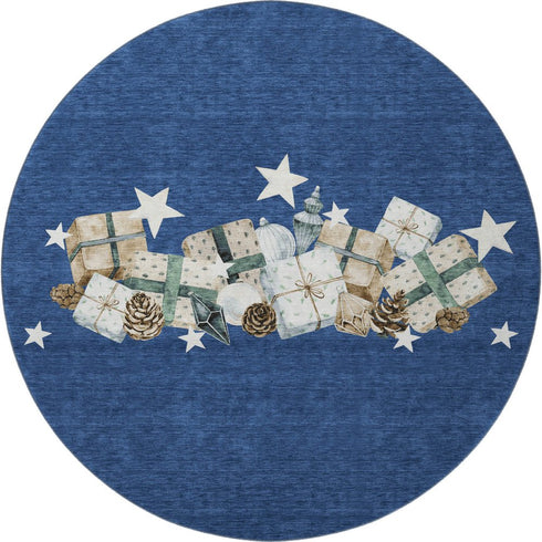 8' Navy Blue Beige And Ivory Geometric Washable Round Rug With UV Protection