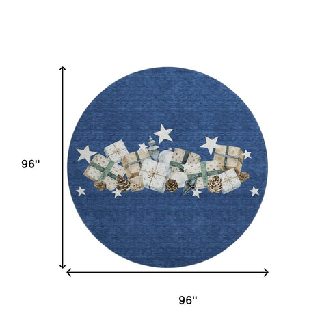 8' Navy Blue Beige And Ivory Geometric Washable Round Rug With UV Protection