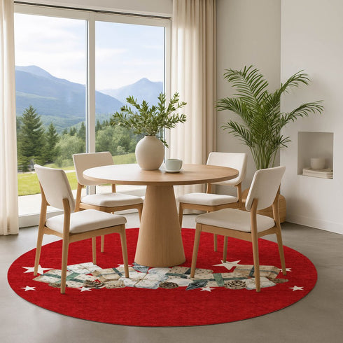 8' Red Beige And Ivory Geometric Washable Round Rug With UV Protection