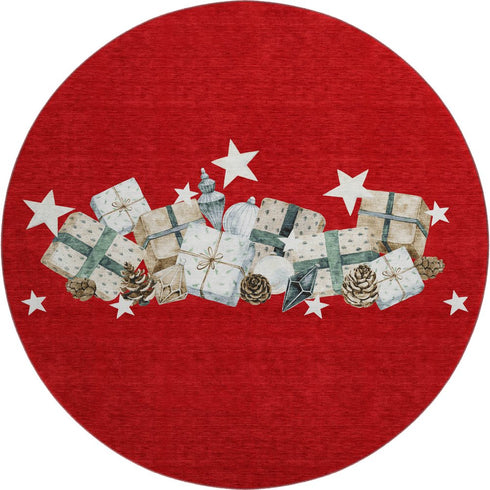 8' Red Beige And Ivory Geometric Washable Round Rug With UV Protection
