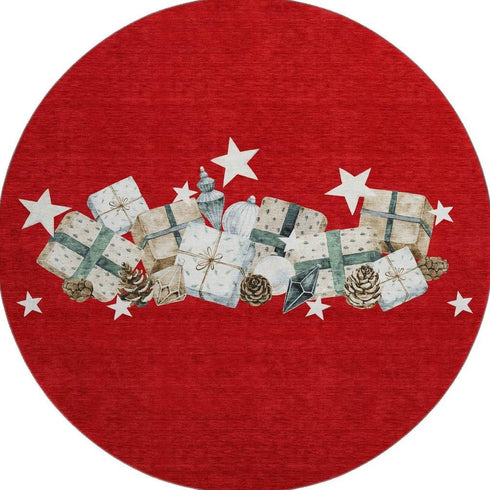 8' Red Beige And Ivory Geometric Washable Round Rug With UV Protection