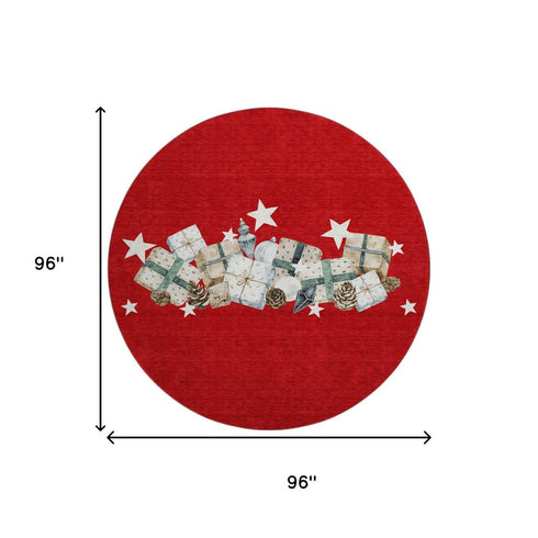 8' Red Beige And Ivory Geometric Washable Round Rug With UV Protection