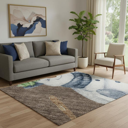 5' X 8' Brown Blue And Green Geometric Washable Area Rug With UV Protection