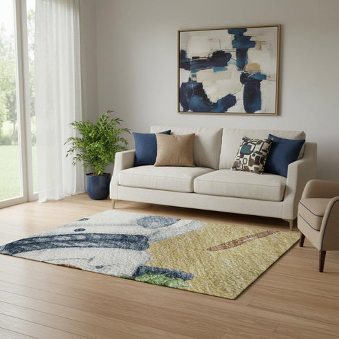 5' X 8' Gold Blue And Green Geometric Washable Area Rug With UV Protection