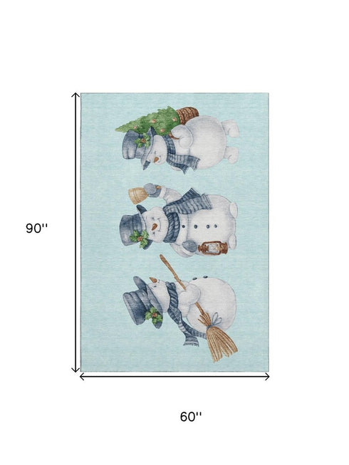 5' X 8' Sky Blue Green And Ivory Geometric Washable Area Rug With UV Protection