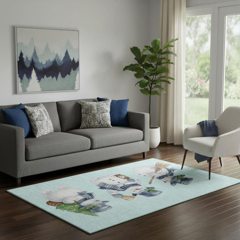 5' X 8' Sky Blue Green And Ivory Geometric Washable Area Rug With UV Protection