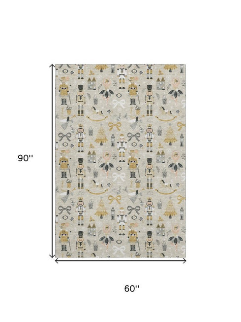 5' X 8' Beige Gold And Gray Floral Washable Area Rug With UV Protection