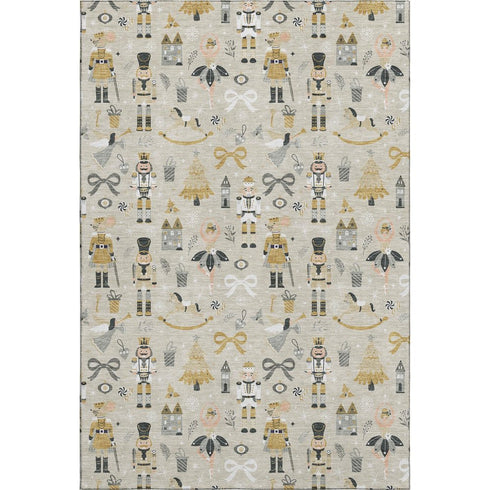 5' X 8' Beige Gold And Gray Floral Washable Area Rug With UV Protection