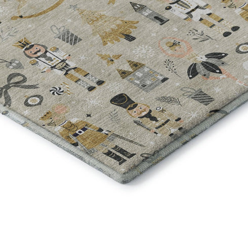 5' X 8' Beige Gold And Gray Floral Washable Area Rug With UV Protection