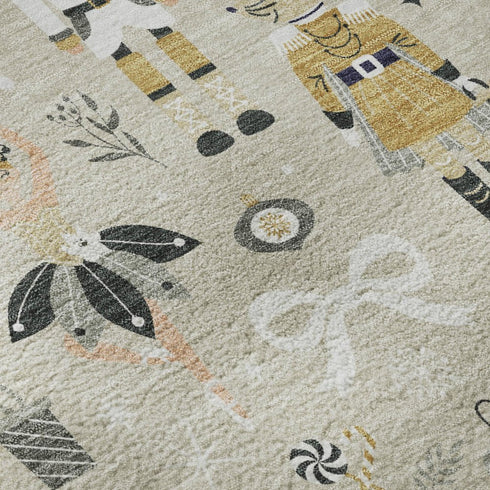 5' X 8' Beige Gold And Gray Floral Washable Area Rug With UV Protection