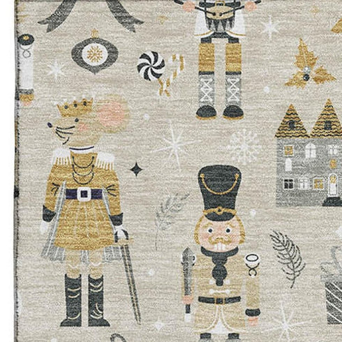 5' X 8' Beige Gold And Gray Floral Washable Area Rug With UV Protection