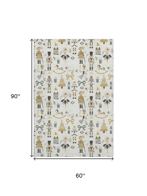 5' X 8' Ivory Gold And Gray Floral Washable Area Rug With UV Protection