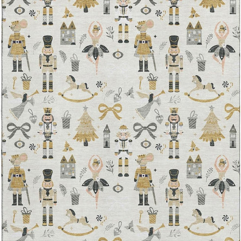 5' X 8' Ivory Gold And Gray Floral Washable Area Rug With UV Protection