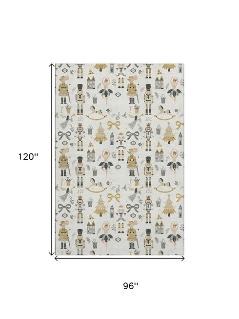 8' X 10' Ivory Gold And Gray Floral Washable Area Rug With UV Protection
