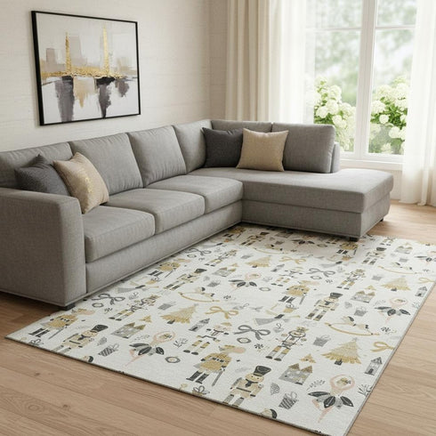 8' X 10' Ivory Gold And Gray Floral Washable Area Rug With UV Protection