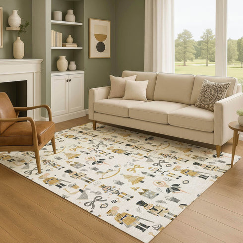 8' X 10' Ivory Gold And Gray Floral Washable Area Rug With UV Protection