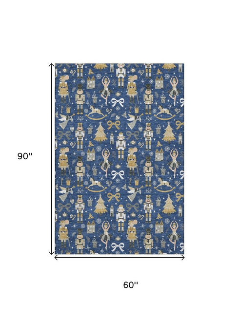 5' X 8' Navy Blue Gold And Gray Floral Washable Area Rug With UV Protection
