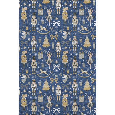 5' X 8' Navy Blue Gold And Gray Floral Washable Area Rug With UV Protection